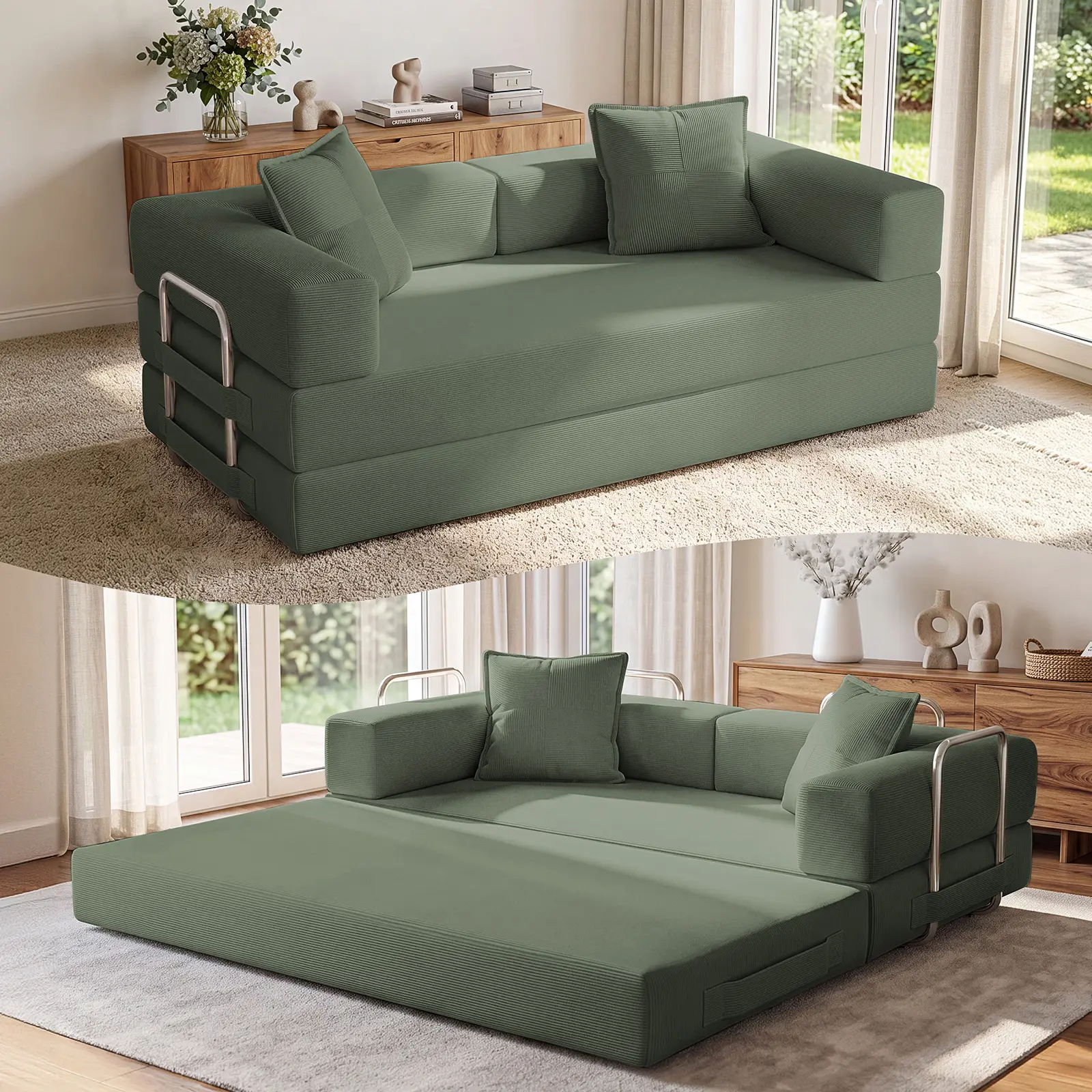 【Home Essentials】78 Inch Convertible Sofa Bed, 5-in-1 Futon Sofa Bed Pull Out Couch, Boneless Couch Bed for Living Room, Corduroy Boneless Couches for Bedroom, Apartment, No Assembly Sleeper Sofa Bed