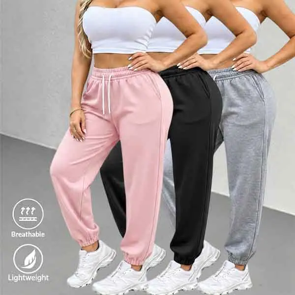 Women’s Clothing 3-Pack High-Waist Jogger Sweatpants – Breathable, Skin-Friendly Elastane Casual Sport Pants with Drawstring Cuffs