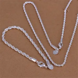 Silver Tone Rope Chain Jewelry Set for Men & Women | Necklace & Bracelet Fashion Set