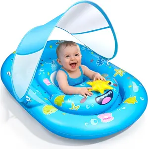Baby Float with Canopy- UPF50+ Sun Protection Baby Pool Float，Inflatable Kids Pool Float with Adjustable Safety Seat for 6-36 Months Kids Swimming,with Marine Animal Floating Toys