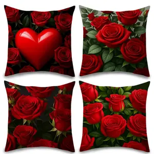 Valentine's Day Pillow Covers Set of 4, Rose Heart & Cluster Design, Polyester Material, Multiple Sizes Available, Sofa Cushion Cover