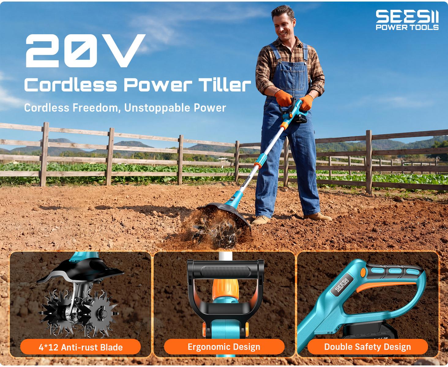 SEESII Electric Tiller for Gardening, 360 RPM Rototiller Cordless Cultivator, Total 8000mAh Battery Powered Garden Tiller 4 Pcs Blades for Smooth Tilling, Handheld Tiller for Raised Garden Beds Outdoorfun#SummerVibes