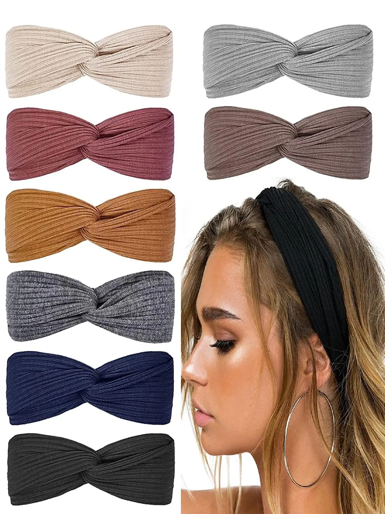 Women's Elastic Headbands 8 Pack, Stretchy Headbands, Headband Set, Workout Headband, Training Headband, Sports Headband, Fitness Sweat Band, Exercise, Soft Non-Slip Ribbed Knit Design, Breathable and Stylish Hair Accessories for Various Occasions
