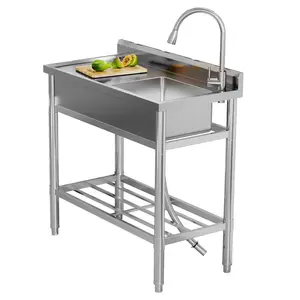Garvee Stainless Steel Utility Sink 47 x 20 x 37 In with Pull-out Faucet, Free Standing Single Bowl Commercial Kitchen Sink Set with Workbench, Ideal for Garage, Restaurant, Laundry, NSF Certified