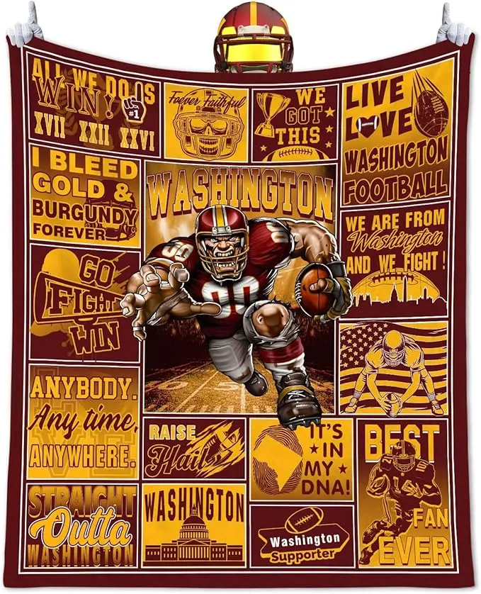 Washington Flannel Blanket, Burgundy Gold Football Fan Throw Blanket, DC Football Blanket, Soft Cozy Throw for Sofa Couch Bed, Game Day Home Decor, Vintage Football Lover Gift for Men Women, Warm Flannel Blanket, Washington Fan Gift