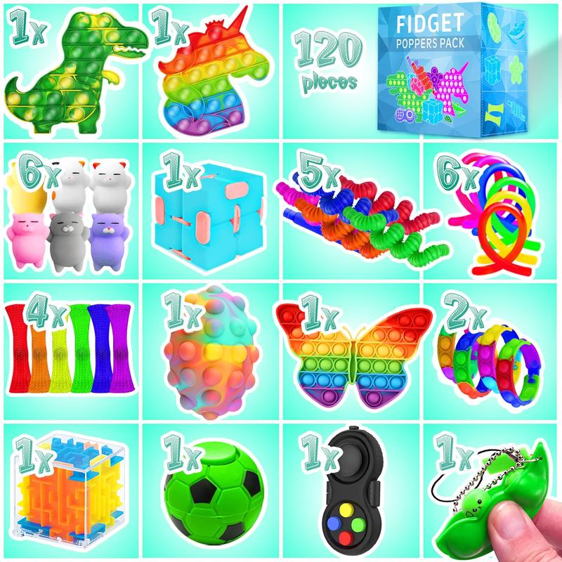 Fidget Toys, 120 Pack Fidgets Set Stocking Stuffers for Party Favors Autism Sensory Toy Bulk Adults Boys Girls Teens Stress Autistic ADHD Anxiety Carnival Treasure Classroom Prizes