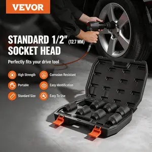 VEVOR Axle Nut Impact Socket Set, 1/2" Drive Deep 12-Point 8-Piece Metric Spindle Nut Socket Set, CR-MO Heat Treated Large Socket Set with Storage Case, Auto Repair, Removing or Installing Axle Nuts