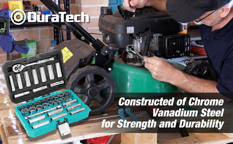 #backtoschool DURATECH 3/8" Drive Socket Set, 40 Piece Tool Set Including Standard (SAE) and Metric Sockets, 90-Tooth Ratchet Handle and Extension Bar
