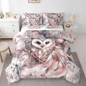 Wildlife Owl 7 Piece Comforter Set,Boho Dreamcatcher Bedding Set,Wild Animal Bed in A Bag with Sheets,Exotic Tribal Feather Sheet Set