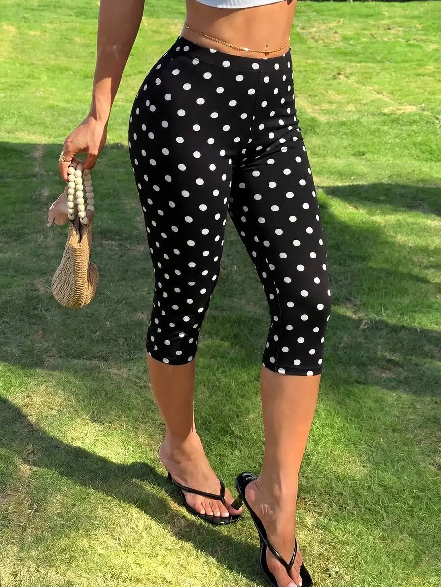 Women's Polka Dot High Elasticity 3/4 Leggings 3/4 Pants With Slit Design for Trendy Streetwear and Vacation Casual Wear