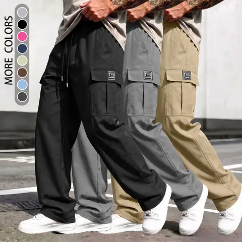 Men's Plain Straight Mid-Waist Cargo Pants - Durable Wrinkle-Free Polyester, Multiple Pockets, Full Length, All Purpose Pants, Casual Comfy Trouser for Work