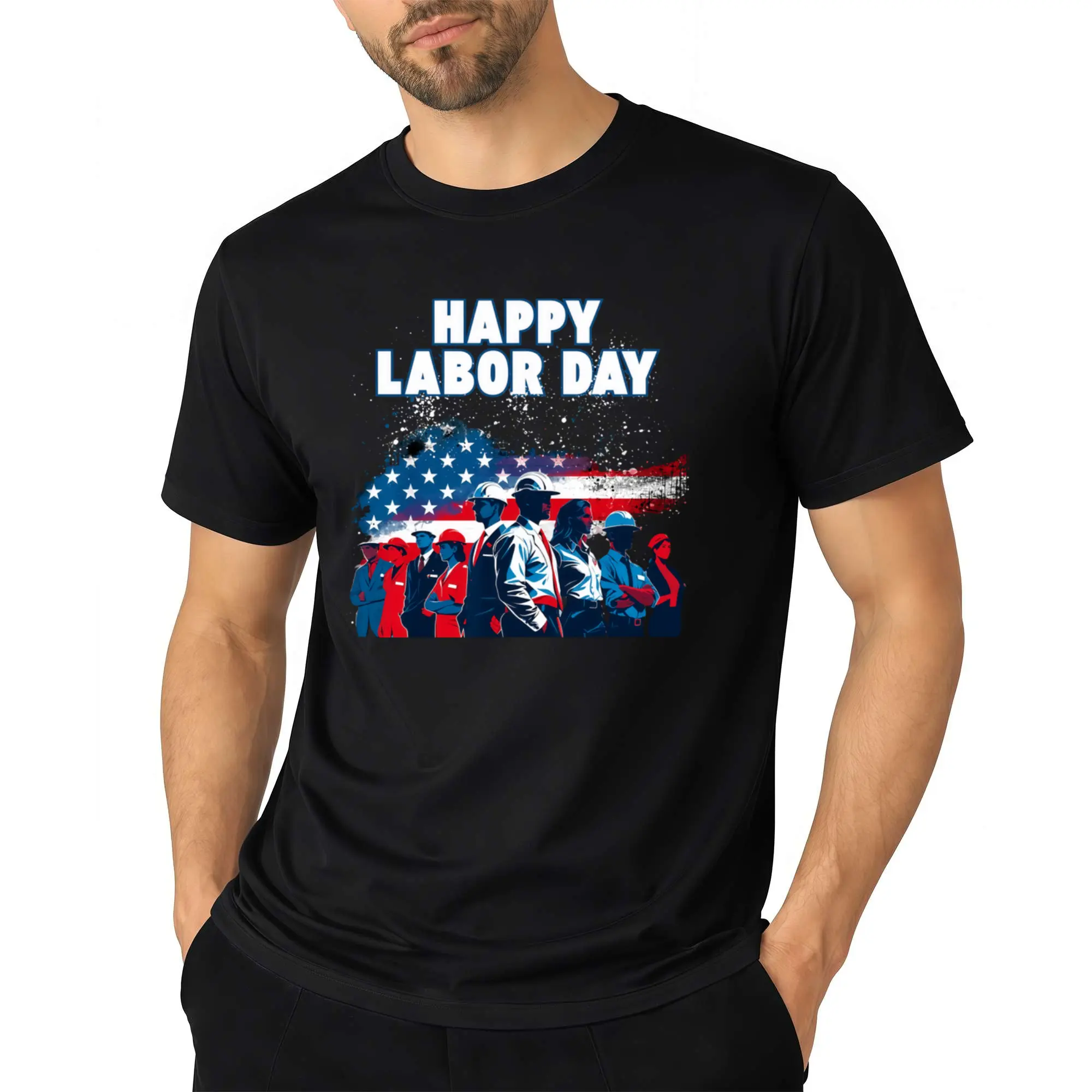 Labor Day Thank You T-Shirt for Men and Women - Bold Happy Labor Day Print with National Flag and Construction Worker Motifs, Soft and Breathable Crew Neck Casual T-Shirt, Loose Fit Unisex Shirt, Suitable for Parades, Picnics, and Gifts(Machine washable)