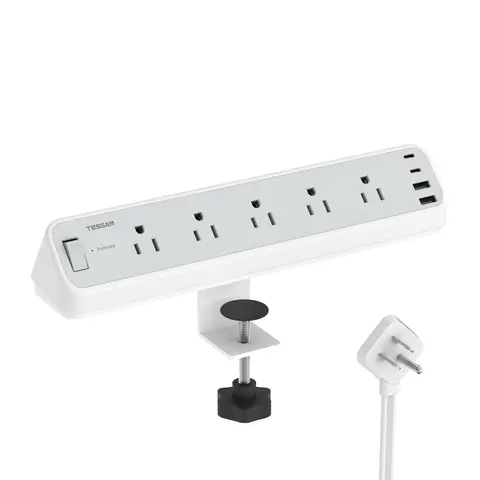 TESSAN 1250W Desk Clamp Power Strip 10 Ft, 2100J Surge Protector, 5 Outlets with 2 USB C 2 USB A, Flat Plug Extension Cord with Multiple Outlets Usb C Charging Usb Type C