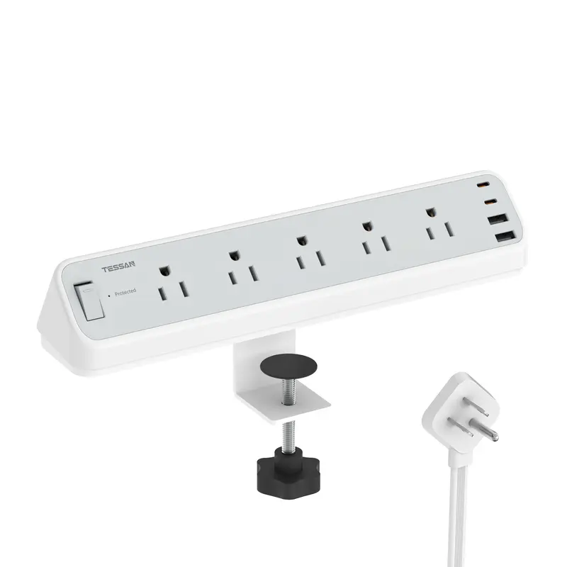 TESSAN 1250W Desk Clamp Power Strip 10 Ft, 2100J Surge Protector, 5 Outlets with 2 USB C 2 USB A, Flat Plug Extension Cord with Multiple Outlets Usb C Charging Usb Type C