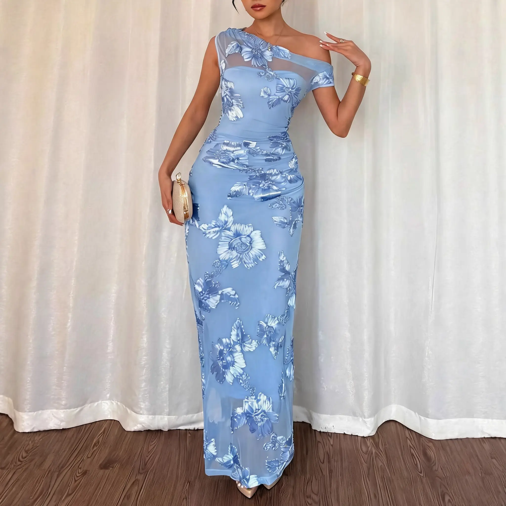 2026 Women's Elegant Off-Shoulder Mesh Lace Midi Bodycon Dress with 3D Floral Applique for Formal Party, Evening Events