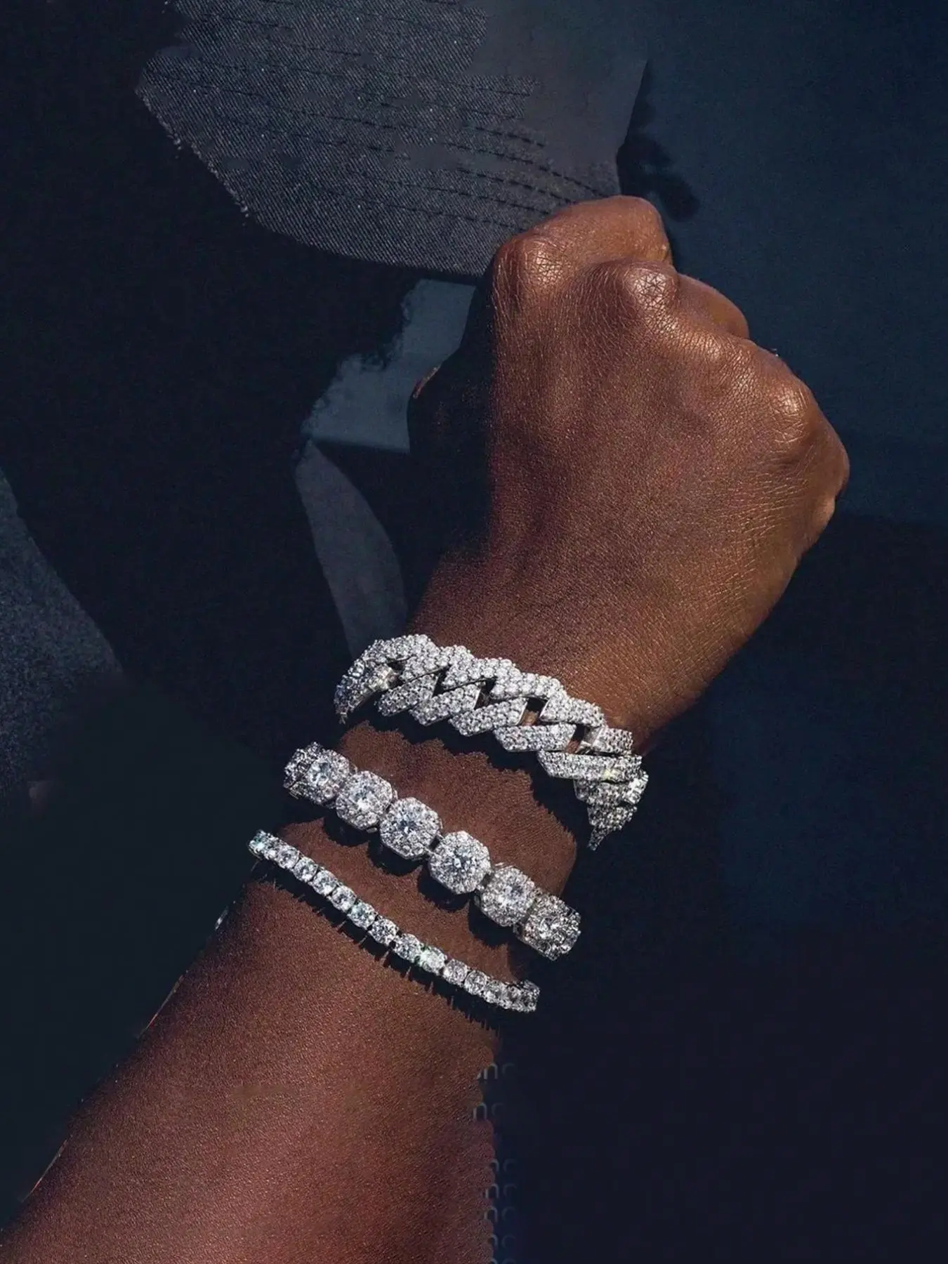 3-Piece Rhinestone Cuban Alloy Chain Bracelet Set, Unique Men's Street Style Bracelets, Hip Hop Cuban Bracelet Set, Fashion Accessory, Layered Bracelet Set, Hip Hop Jewelry, Handchains, Bracelets Stack, Fashionable Bracelet Style