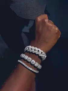 3-Piece Rhinestone Cuban Chain Bracelet Set, Unique Men's Street Style Bracelets, Hip Hop Cuban Bracelet Set, Fashion Accessory, Layered Bracelet Set