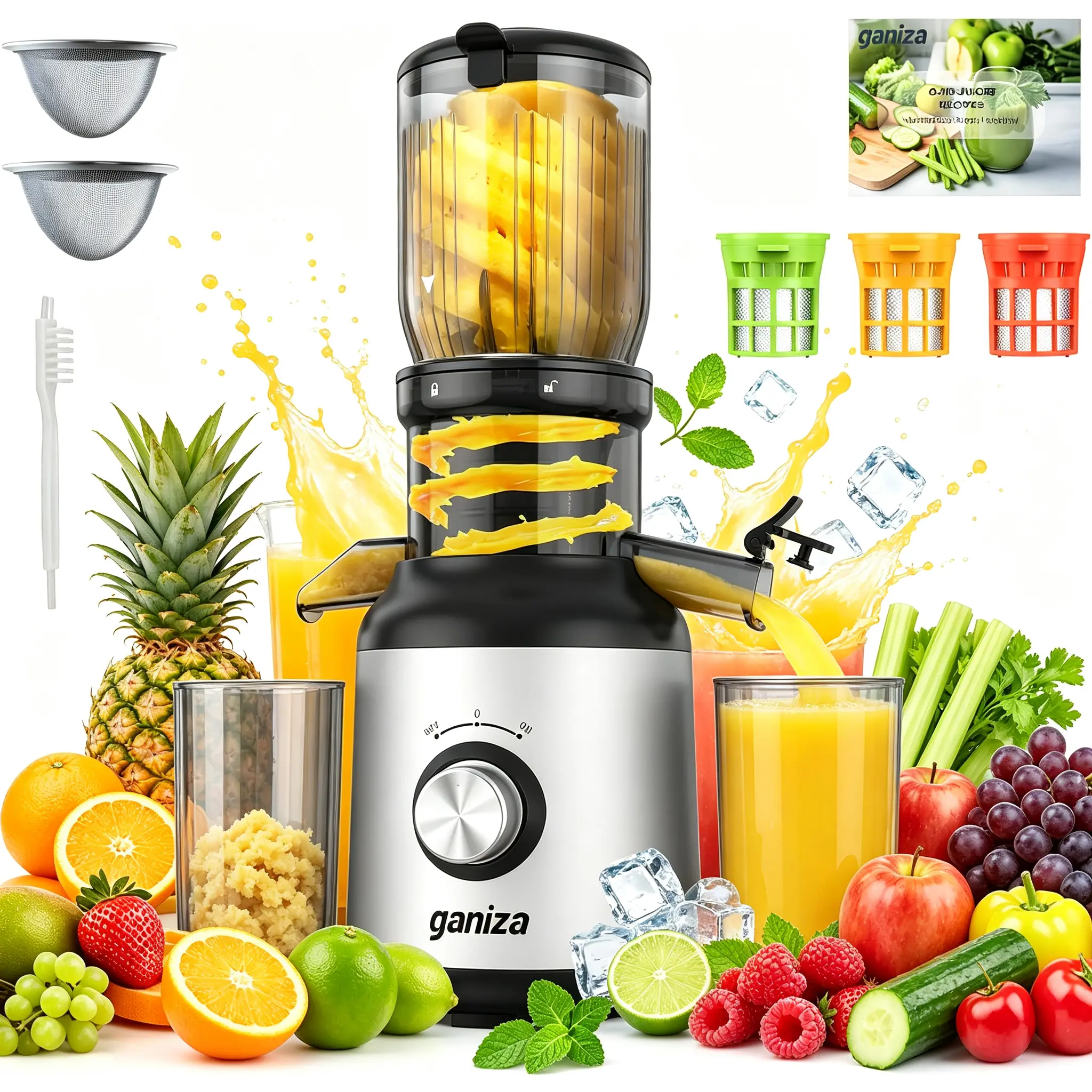 Ganiza Cold Press Juicer Machine - 64 RPM Slow Masticating Juicer Squeezer, Multifunctional Powerful Kitchen Supplies with 3 Detachable Filters, Large Feed Chute, Easy Cleanup, BPA-Free Silver, Multifunctional Juicer