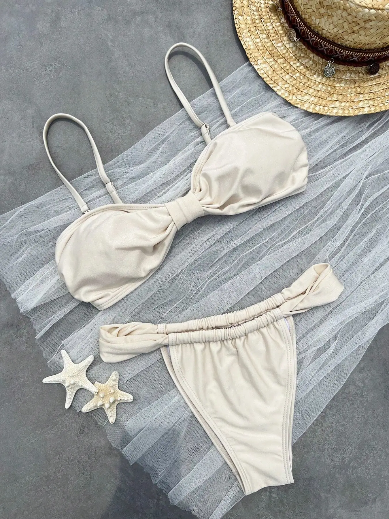 Peach Color Sexy Elegant Drawstring Thong Bikini Set, Fitted Plain Style, No Ca Prop 65 Re/ca, Ideal for Beachwear