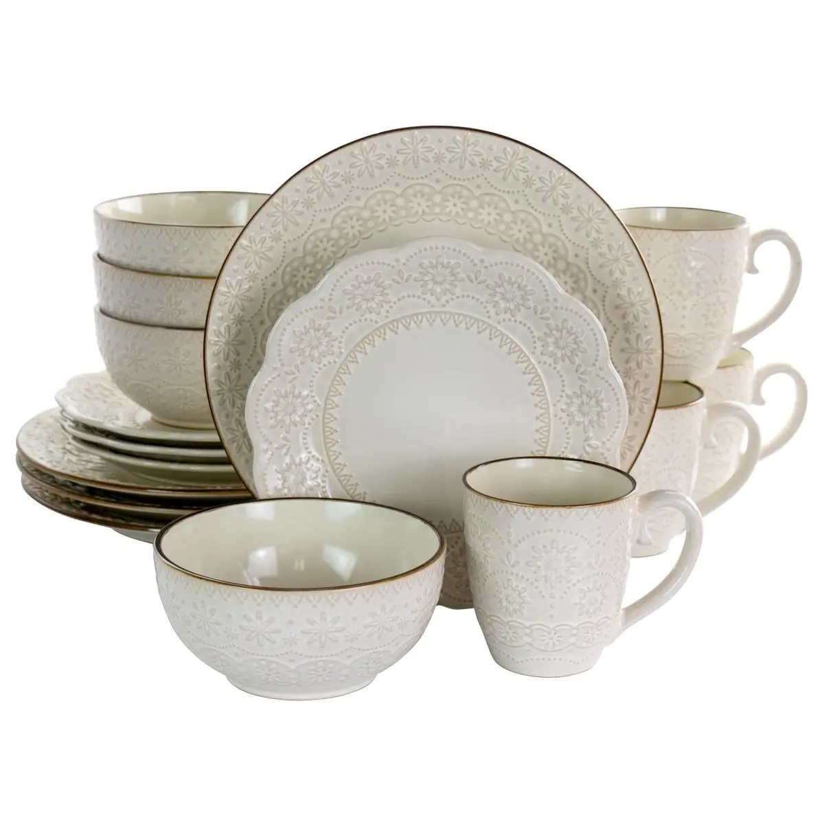 212 MAIN 16-Piece Contessa Embossed Scalloped Edge Ivory Glazed Stoneware Tableware Set - Full Service Dining Dishes