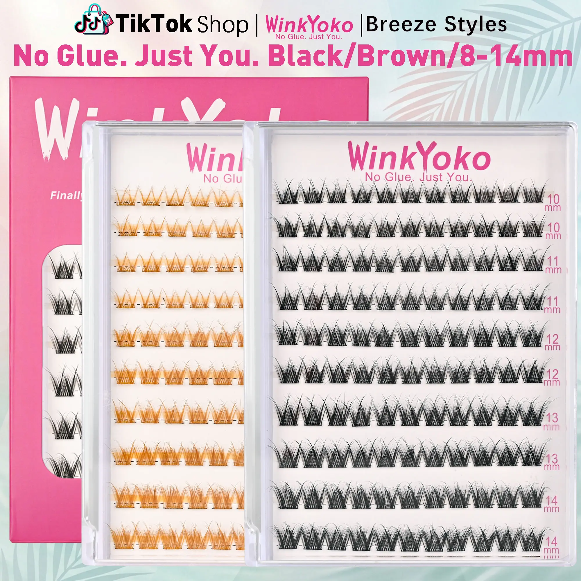 Self Adhesive Natural Lash Clusters-Breeze Styles, WinkYoko No Glue Beginner Friendly Lashes, C Curl Diy Lash Extension, BASF Fiber 8-14mm Mixed Length Individval Natural-Look Eyelash, Pre-Glued Long Lasting lightweight Wispy Cat Eye Spider No Glue Needed