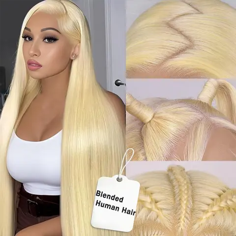 32 Inch 613 Lace Front Wig Synthetic Blended Human Hair 180 Density Blonde Wig Hair 13×4 HD Transparent Straight Lace Front Wigs Blonde Glueless Wig for Women Pre Plucked with Baby Hair