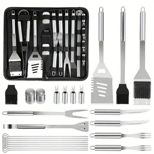 24-Piece Stainless Steel BBQ Tools Set with Black storage bag, Multi-functional Clips, Brushes, Forks, and Seasoning Bottle for Outdoor Camping and Family BBQ Parties cooking barbecue
