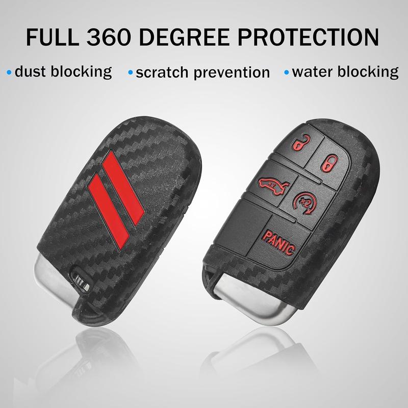 1 PC Silicone Key Fob Cover Fit for Dodge Charger Challenger Durango Journey Dart Key Shell Protector 5 Buttons Keyless for Dodge Accessories(Carbon Fiber red Trim)