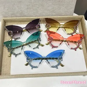 HavenThread Trendy Women's Rimless Butterfly Cat Eye Sunglasses - Polarized Tinted Lenses, Small Ellipse Frame for Party, Travel, Trendy Sunglasses Women