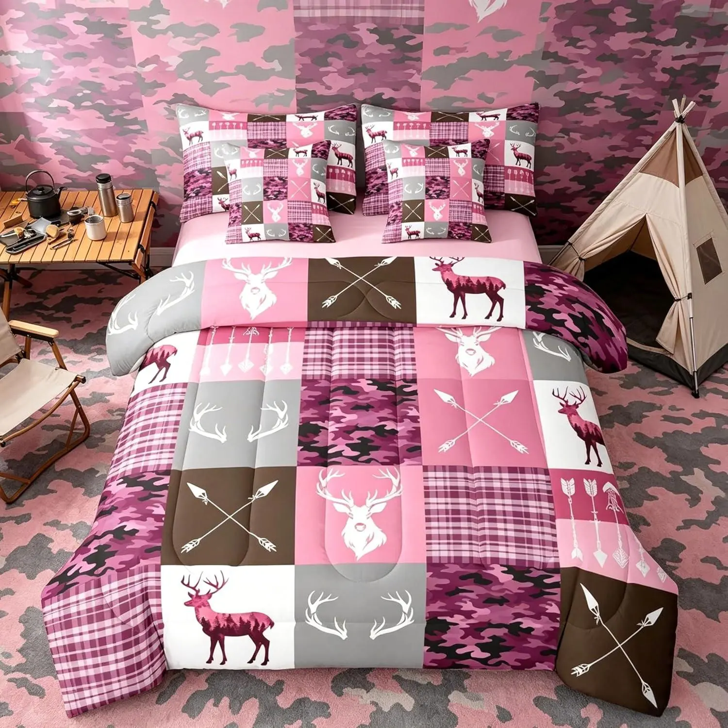Deer Comforter Set 7 Pieces Pink Deer Hunting Bedding Set Rustic Cabin Country Bed in a Bag with Sheets Bedroom Decor Quilted Breathable Soft Lightweight