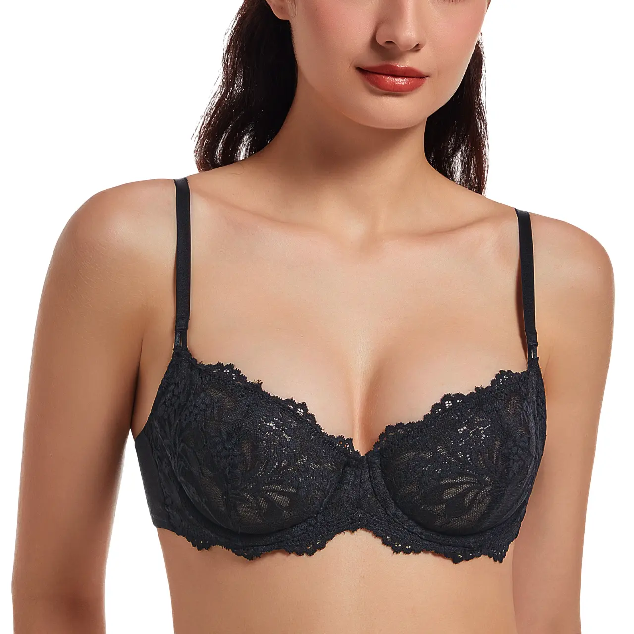 MELENECA Women's Plus Size Balconette Bra - Floral Eyelash Lace, Unlined Push Up, Half Coverage, Underwire, Convertible Straps, All Seasons, Polyamide Mix, Push-Up Lift, Sexy Look, Adjustable Strap, Contrast Lace