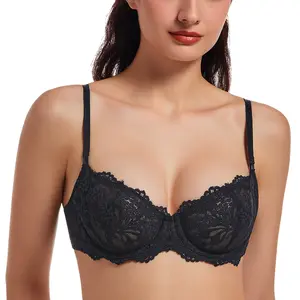 MELENECA Women's Sexy Floral Lace Push Up Plus Size Sheer Balconette Underwire Unlined Bra Womenswear Mesh Basic TikTokShopBlackFriday