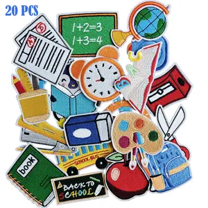 20PCS Back to School Iron on Embroidered Patches Schoolbag Ruler Pencil Pattern Appliques Iron on Embroidered Appliques for Schoolbags, Clothes, Hats etc.