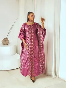 MADASHIKI Burgundy African Traditional Brocade Basin Dashiki Maxi Long Sleeve Wedding Dress With Lace Trim Ribbon And Scarf Origianl Nigeria Bazin Rich Boubou Robe for Womenswear