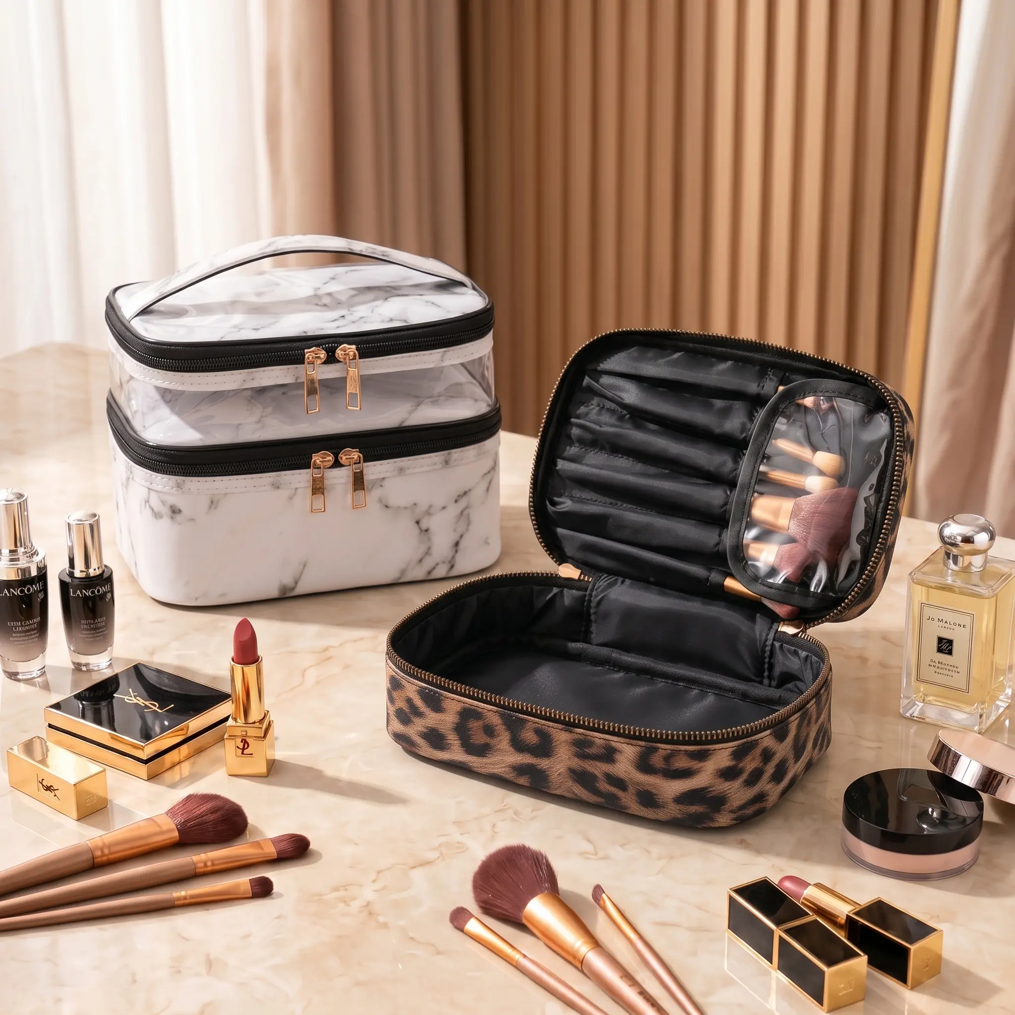 Selvarin Double Layer Clear Make Up Bag Organizer Transparent Makeup Bag for Women, Large Capacity Cosmetic Bag, Waterproof Travel Toiletry Bag with Zipper, Cosmetic Travel Bags,toiletry bag