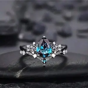 2pcs Gothic Style Women's Engagement Rings, Unique Black Flower Engagement Ring Set, Valentine's Day Gift