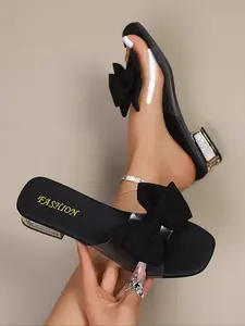 Women's Summer New Fashion Bow Transparent Strap Chunky Heel Vacation Style Versatile High Heeled Sandals Footwear Elegant Fashionable Sandals