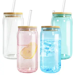 ANOTION FathersDayGift Idea , 4-Pack 18OZ  Colorful High Borosilicate Can Glass Set , Includes Glass Straws,Bamboo Lids & Straw Brush