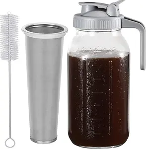 Cold Brew Coffee Maker Pitcher, 64 Oz Heavy Duty Wide Mouth Glass Mason Jar pour spout Lid with Stainless Steel Filter for Iced Coffee, Ice Lemonade, Fruit Drinks