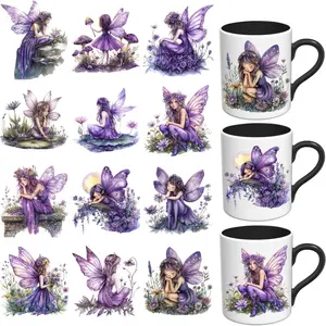 3D UV DTF Stickers - 12 Sheets Purple Fairies UV DTF Cup Wrap for Coffee Mugs Glass, DIY Decals for Tumblers, Waterproof Rub on Transfers for Crafts