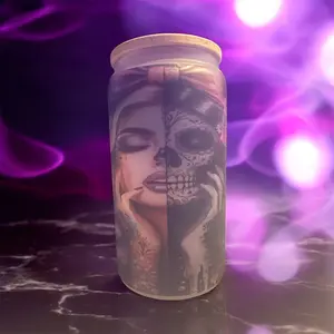 Two Faced Sugar Skull Frosted Glass Cup w/ Wood Lid