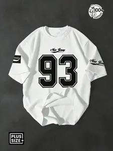 Men's Plus Size "New Jersey 93" Varsity Number Graphic Oversized Relaxed Fit T-Shirt, Retro Streetwear Short Sleeve Crew Neck Tee for Summer, Casual Daily Wear & Urban Style