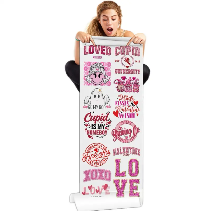 Valentine's Day DTF Gang Sheet 13 Ready To Press Transfers 23x60 9 Big 4 Small Full Color Printing Perfect for Crafting Cotton Polyester Blends