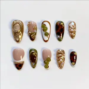 Green Olive Press On Nails Set Luxury Handmade 3D Gold Chrome Nails Art Gif For Her On Holiday Wedding Birthday Party
