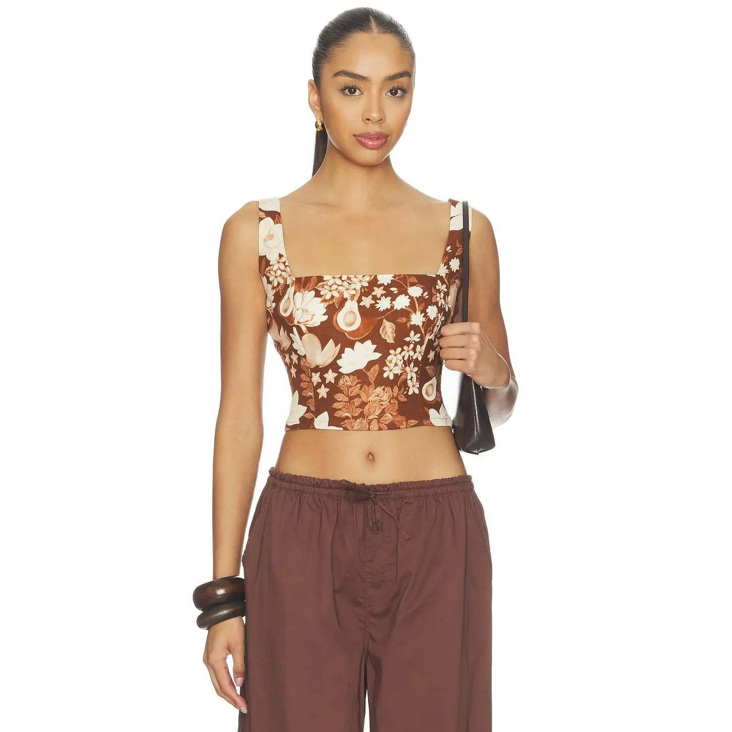 Verandah Square Neck Crop Blouse in Chocolate Brown Mono Multi Motif