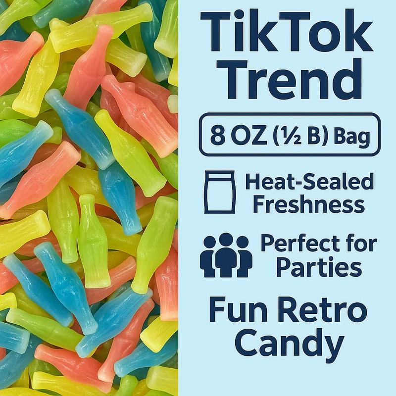 Wax Bottle Candy, 8 OZ Bag (½ LB), Retro Nostalgic Candies with Fruity Liquid Center, TikTok Trend Snack, Assorted Colors and Flavors, Heat Sealed for Freshness, Perfect for Parties and Gifts