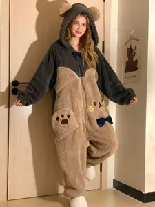 Women's Cute Cartoon Bear Hooded Jumpsuit Pajamas, Fitted Long Sleeve Winter Role Play Sleepwear, Christmas Party Casual