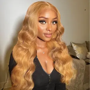 Honey Blonde Body Wave HD Lace Front Wig Human Hair Pre Plucked Honey Blonde Wig Human Hair 200% Density Lace Frontal Wigs Colored 27# 30 Inch