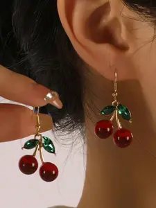 1 Pair Fashionable Cherry-Shaped Dangle Earrings, Copper Stud Design, Red Tone, Perfect for Autumn and Winter Daily Wear