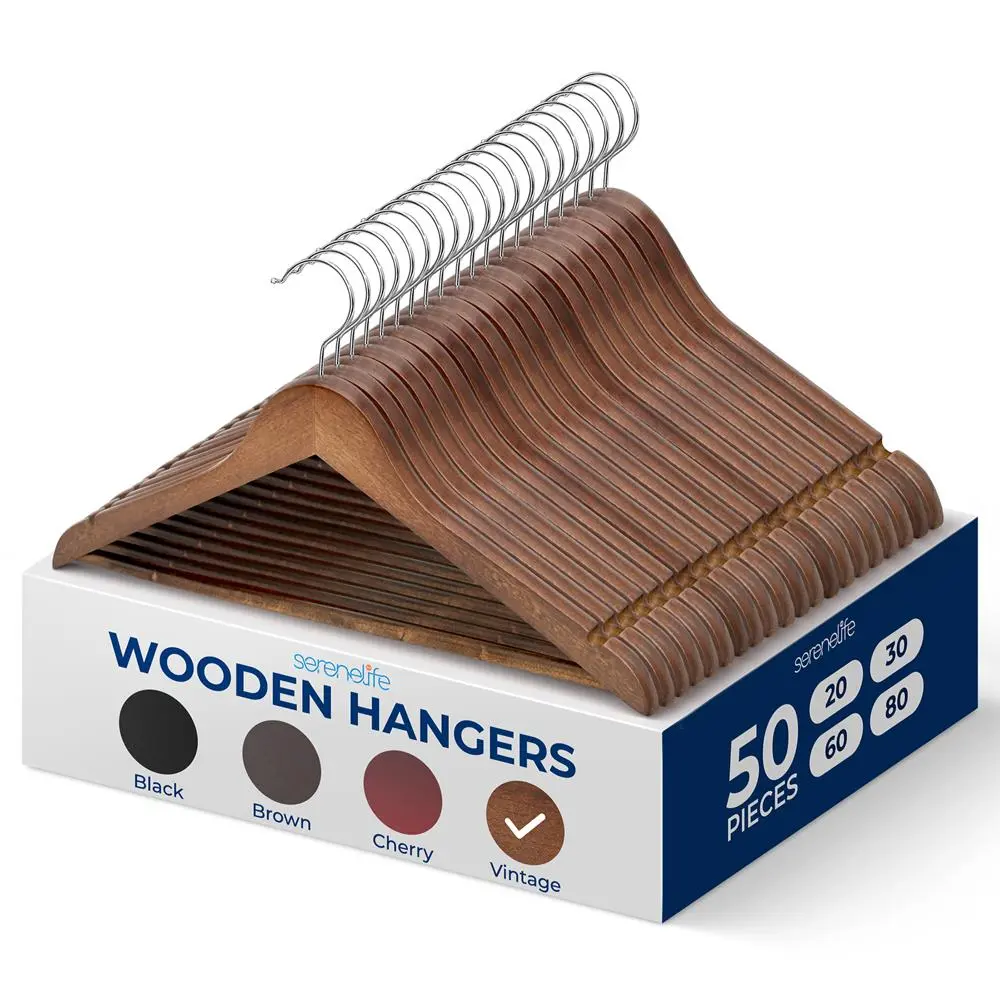50 Pcs Functional Wooden Hangers Set - Vintage, Minimalist Design Heavy-Duty Hanging Organizers with 360-degree Hangers & Pegs, Pants Bar Design, 360° Swivel Hook - Space-Saving Boxed Closet Essential for Suits, Shirts, Coats